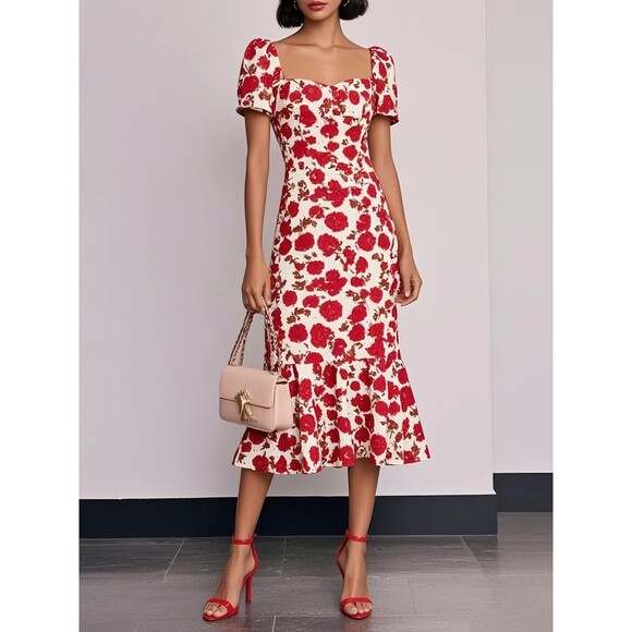 NWT Fehaute Size 12 Red Floral Sweetheart Neckline Mermaid Midi Dress MRSP $159 - Picture 1 of 16